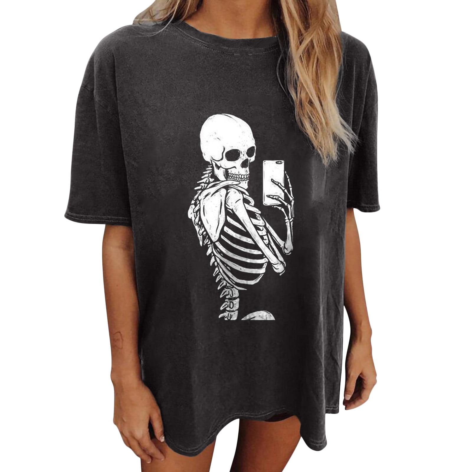 Skeleton Anime Print T Shirt Short Sleeve Loose Blouse Vintage Pullover Shirts Y2K Romantic Rock Top Blusas de Verano para Mujer 2022 Summer Tops Blouse for Women Casual Shirts -
