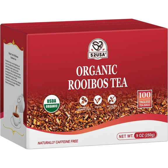 52USA Rooibos Tea Organic, 100 Tea bags, Pure Premuim Rooibos Tea, Naturally Sweet Herbal Tea, Caffeine Free Rooibos Tea, Farmed in South Africa, 9oz (250g)