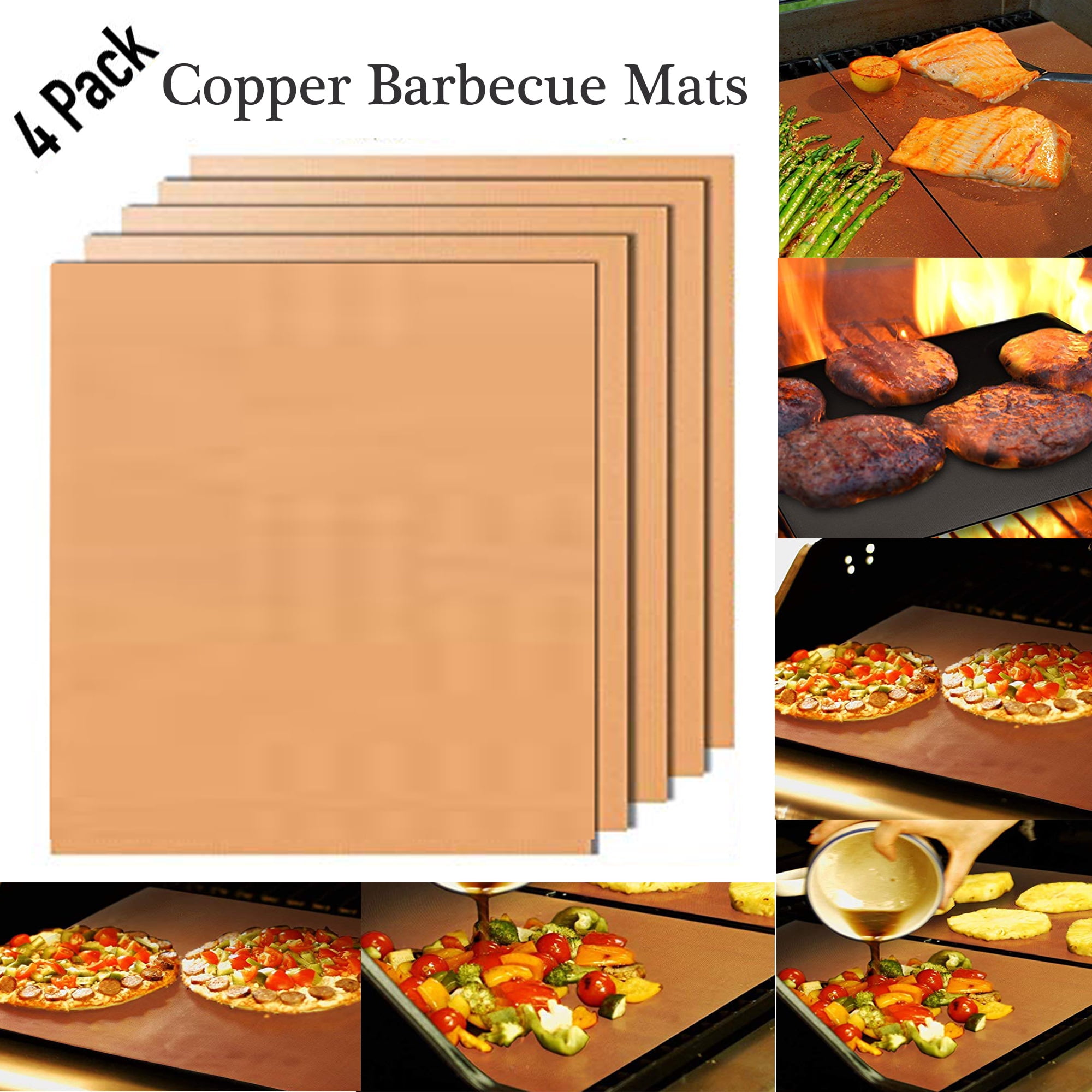 4Pcs Set of Copper Barbecue Mats NonStick Durable Reusable Grilling