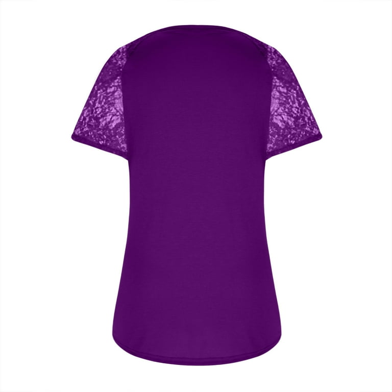 RYRJJ Women s Plus Size Dressy Tops Wrap Shirt Contrast Lace Short Sleeve Tunic Top V Neck Low Cut Cute Blouse Purple XL