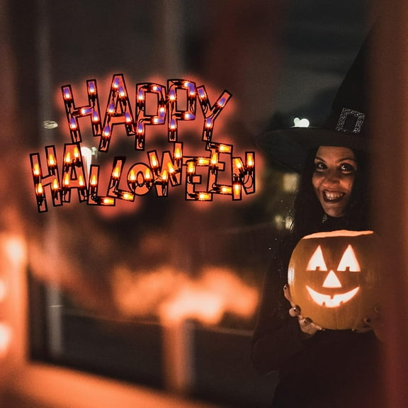 17-Inch Lighted "Happy Halloween" Halloween Window Silhouette Decoration | Light-Up Hanging Holiday Ornament with 50 Mini Lights | Indoor/Outdoor Halloween Decor