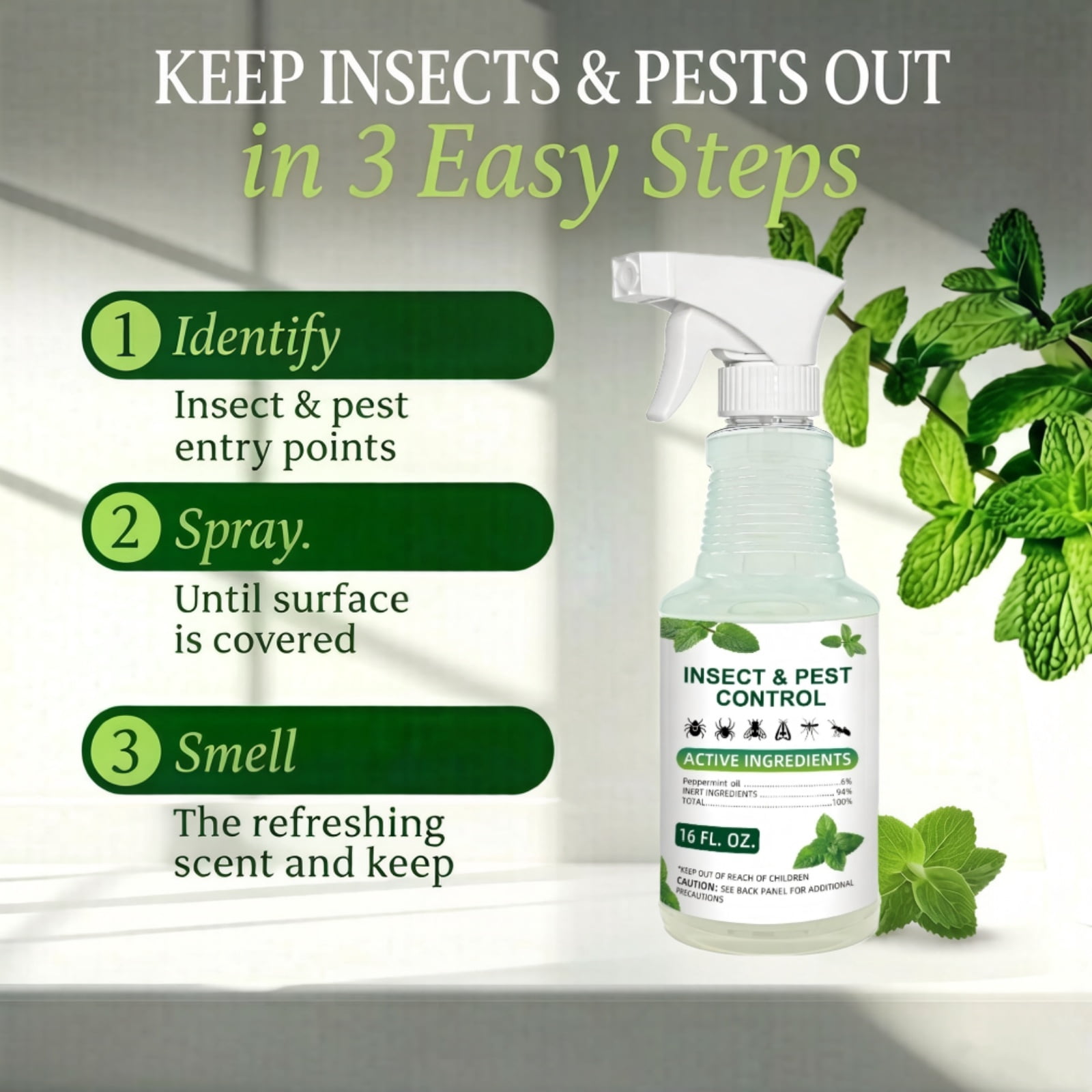 Paddsun Peppermint Oil Insect Traps Spray, 16oz Ready-to-Use Multi-Purpose Botanical Spray for Indoor & Outdoor Use Control for Spiders Ants Mosquito and More Safe for Plants and People