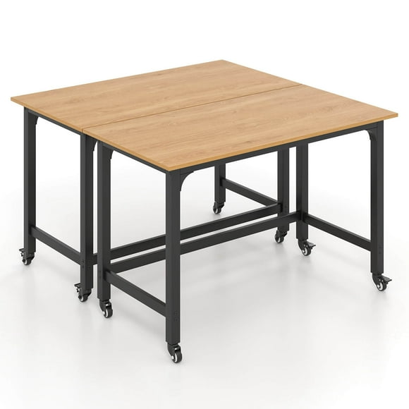 Costway 2 PCS Rolling Computer Desk Metal Frame PC Laptop Table Wood Top Study Workstation