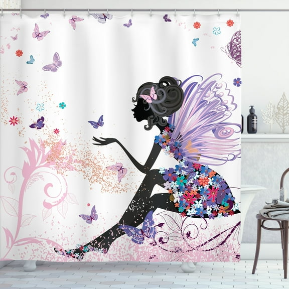 Ambesonne Fantasy Shower Curtain, Spring Wings Floral Print, 69"Wx70"L, Pale Lavender