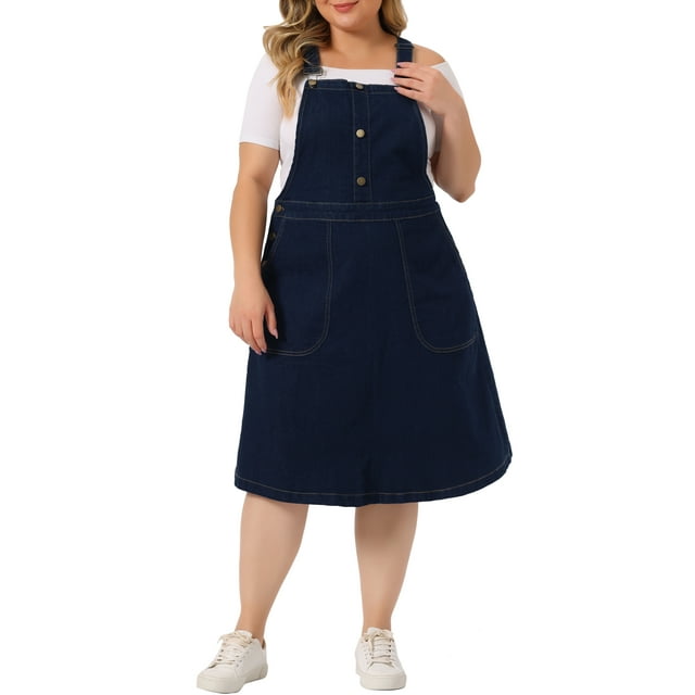 GRACE & GRANDEUR Women's Plus Size Overall Dresses Button Up Adjustable Strap Denim Dress Dark Blue 1X