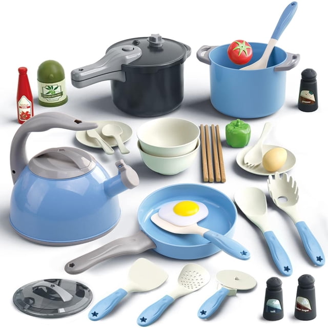 Juego de juguetes Play Kitchen Bruvoalon, 32 piezas, con ollas, sartenes y utensilios