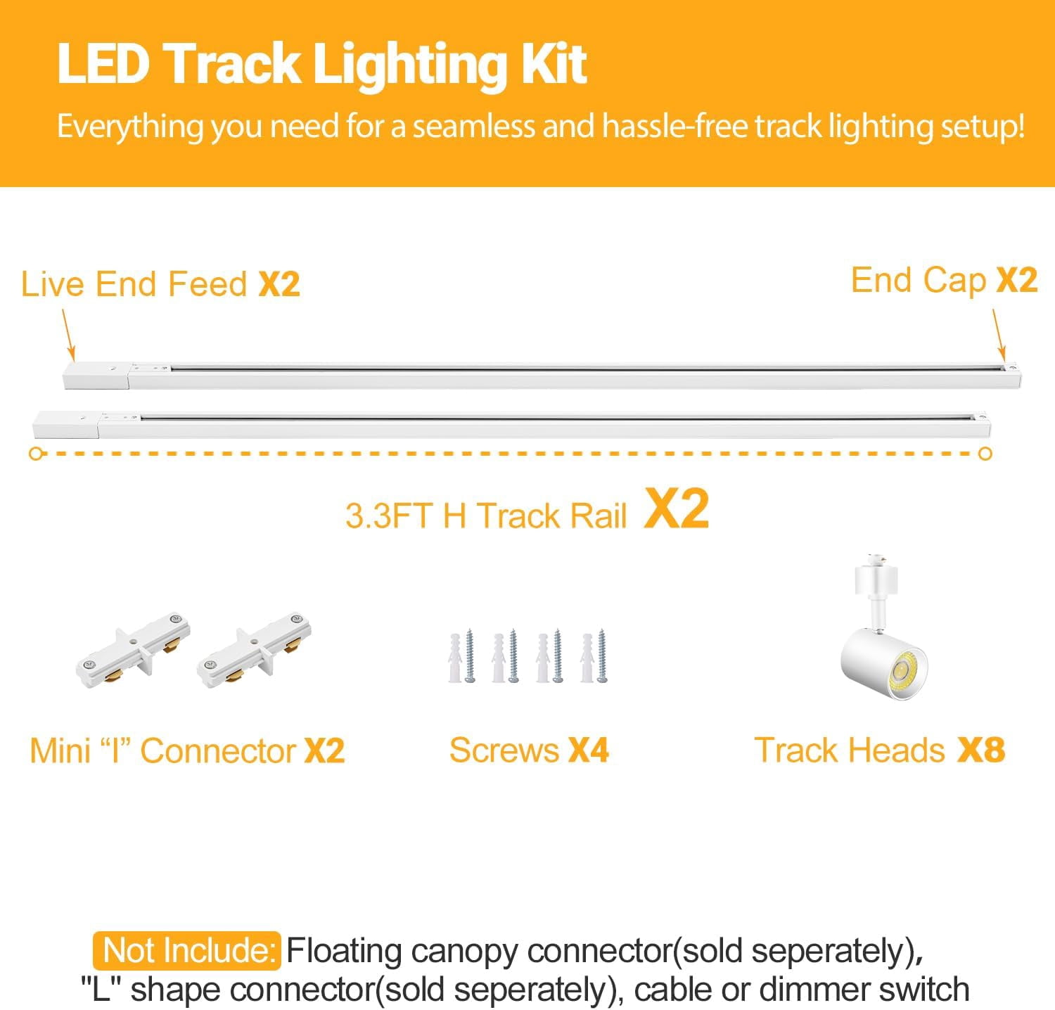VANoopee 5-Color 8-Light LED Track Lighting Kit with 6.6FT H Type Track Lighting Rail, LED Track Light Heads Dimmable Modern Kitchen Track Lighting Fixtures Ceiling Spotlight, CRI90+ 10W 800lm White