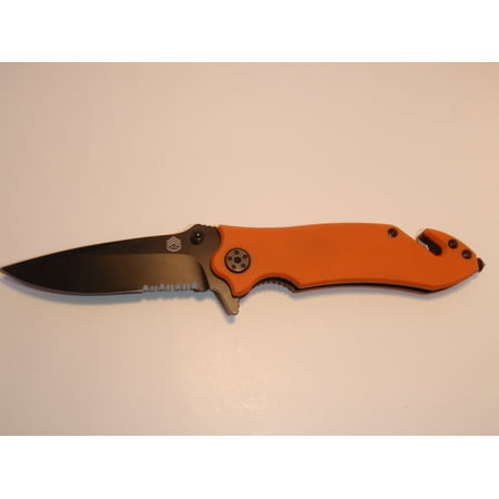FT Tactical "First Responder" Folding Partially Serrated Tanto Blade, G10 High Visibility Handle, Seat Belt Cutter,Glass Breaker (Orange)