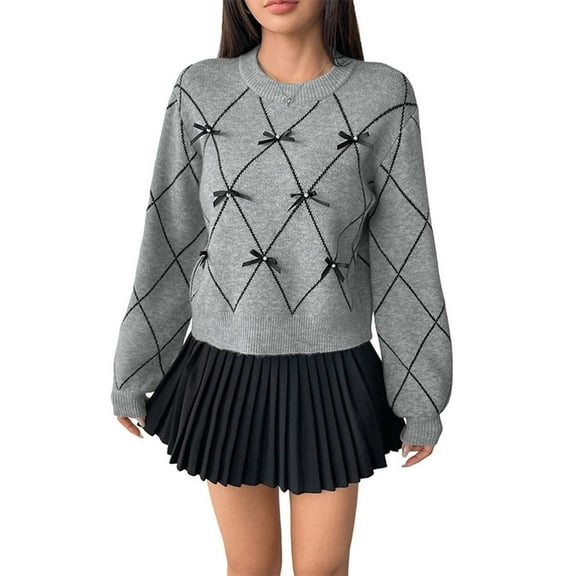Craaazy Women Sweaters Round Neck Knitted Long Sleeve Sweater Bow Decoration Pullover Tops Gifts