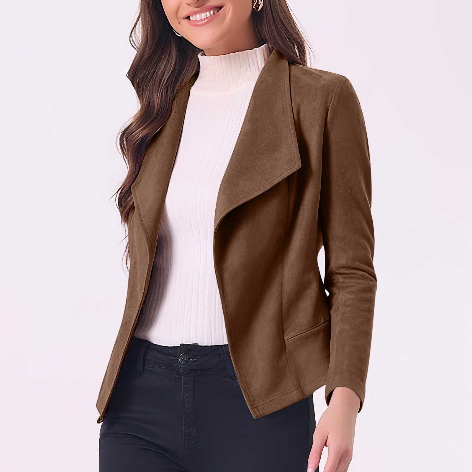 FAVIPT Casual Faux Suede Jacket for Women Long Sleeve Trendy Cropped Coat Lapel Solid Cardigan Fall Winter Outfits Brown,XXL