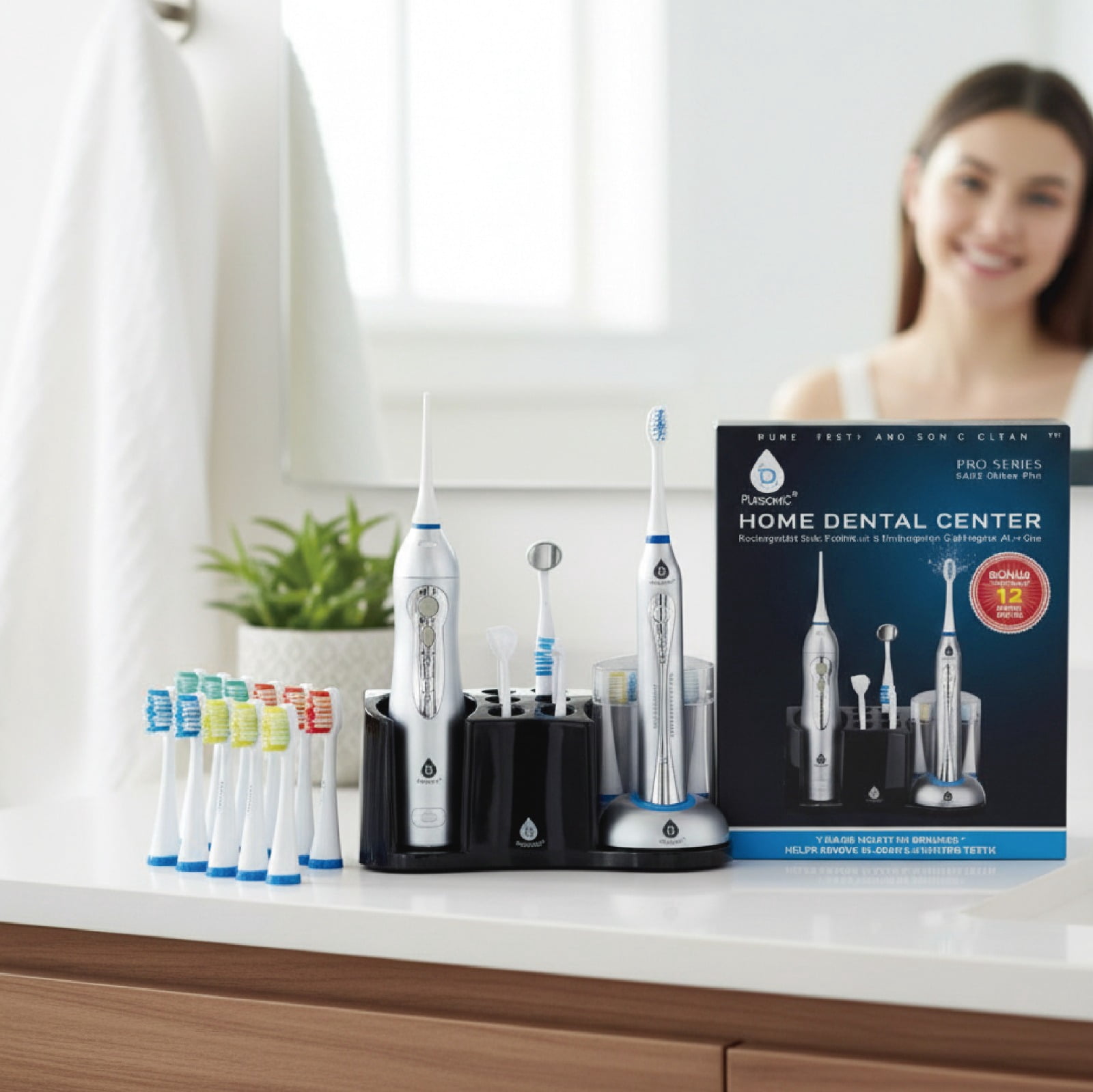 Pursonic Rechargeable Sonic Toothbrush and Rechargeable Water Flosser with 12 Brush Heads