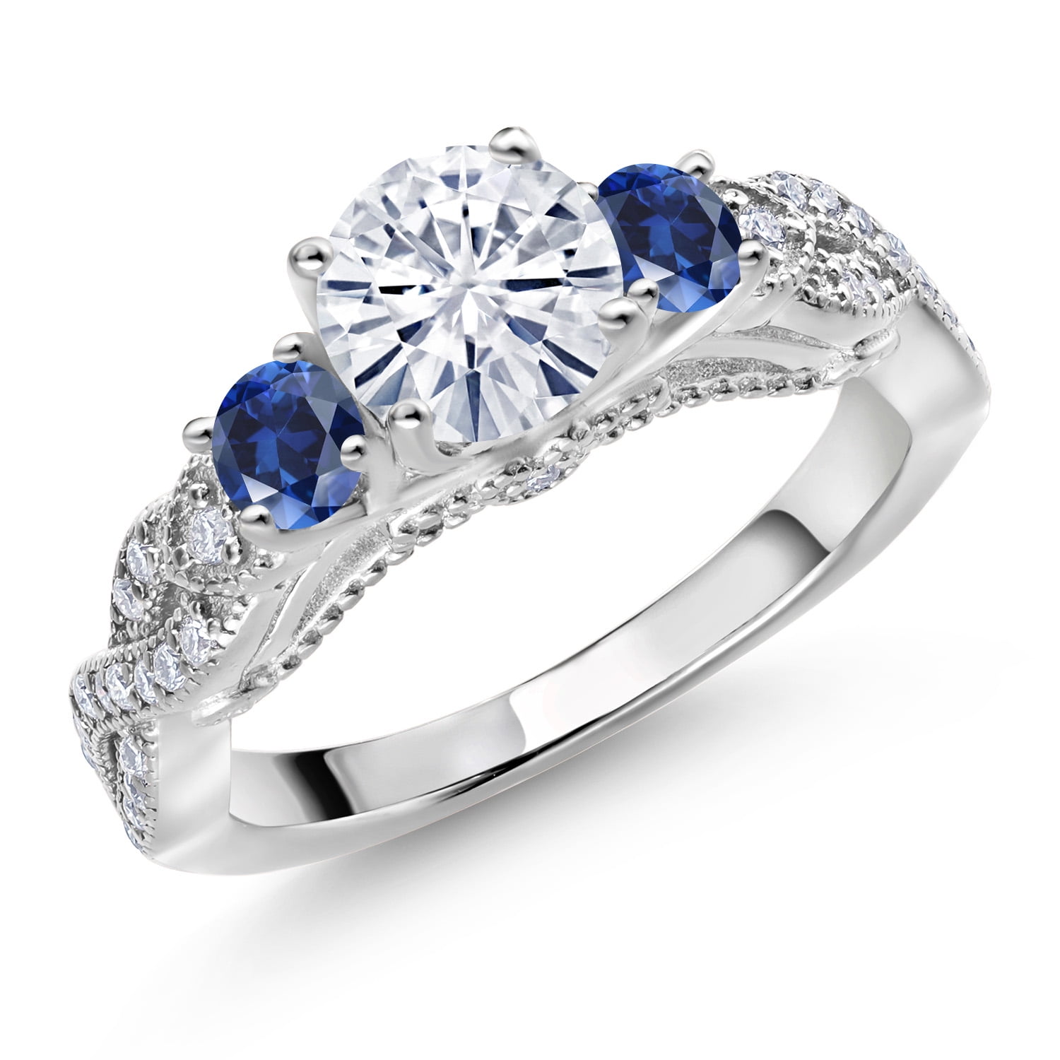 Gem Stone King 1.35 Cttw White Moissanite and Blue Created Sapphire 3-Stone Engagement Ring for Women | 925 Sterling Silver | Round 6MM and 3MM | Three Stone Wedding Anniversary Promise Ring | Size 5