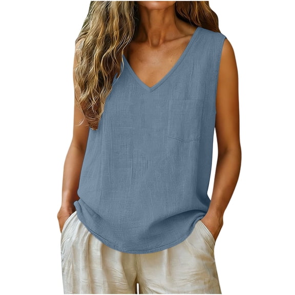 Eryao Women's Linen Tank Tops V Neck Summer Loose Dressy Causal Sleeveless T Shirts Beach Vacation Gauze Shirt with Pocket 2026 Navy,XL