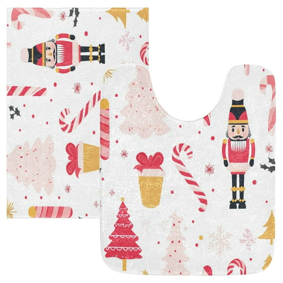 2 Piece Soft Bathroom Rug Set Cute Pink Christmas Pattern Bath Mat and U-Shaped Toilet Contour Rug (16"x24" 20"x24")