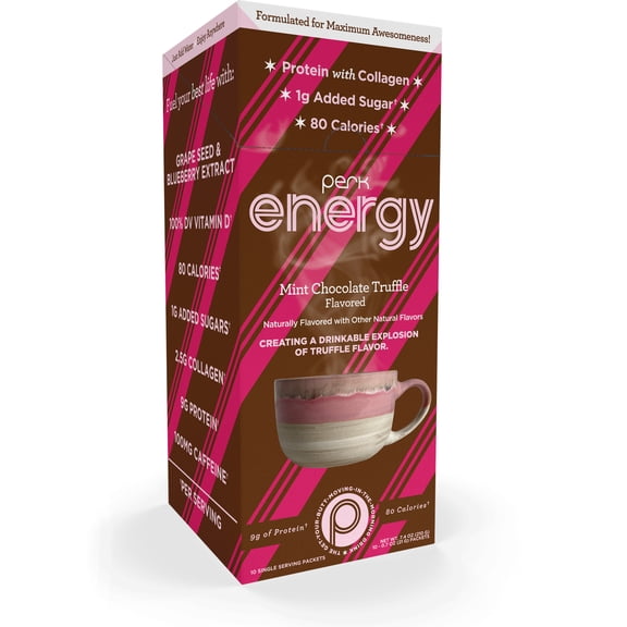 Perk Energy Drink Mix (Mint Chocolate Truffle) 10 Stick Packs - Caffeinated Healthy Coffee Alternative with Protein, 100mg of Caffeine, Gluten-Free