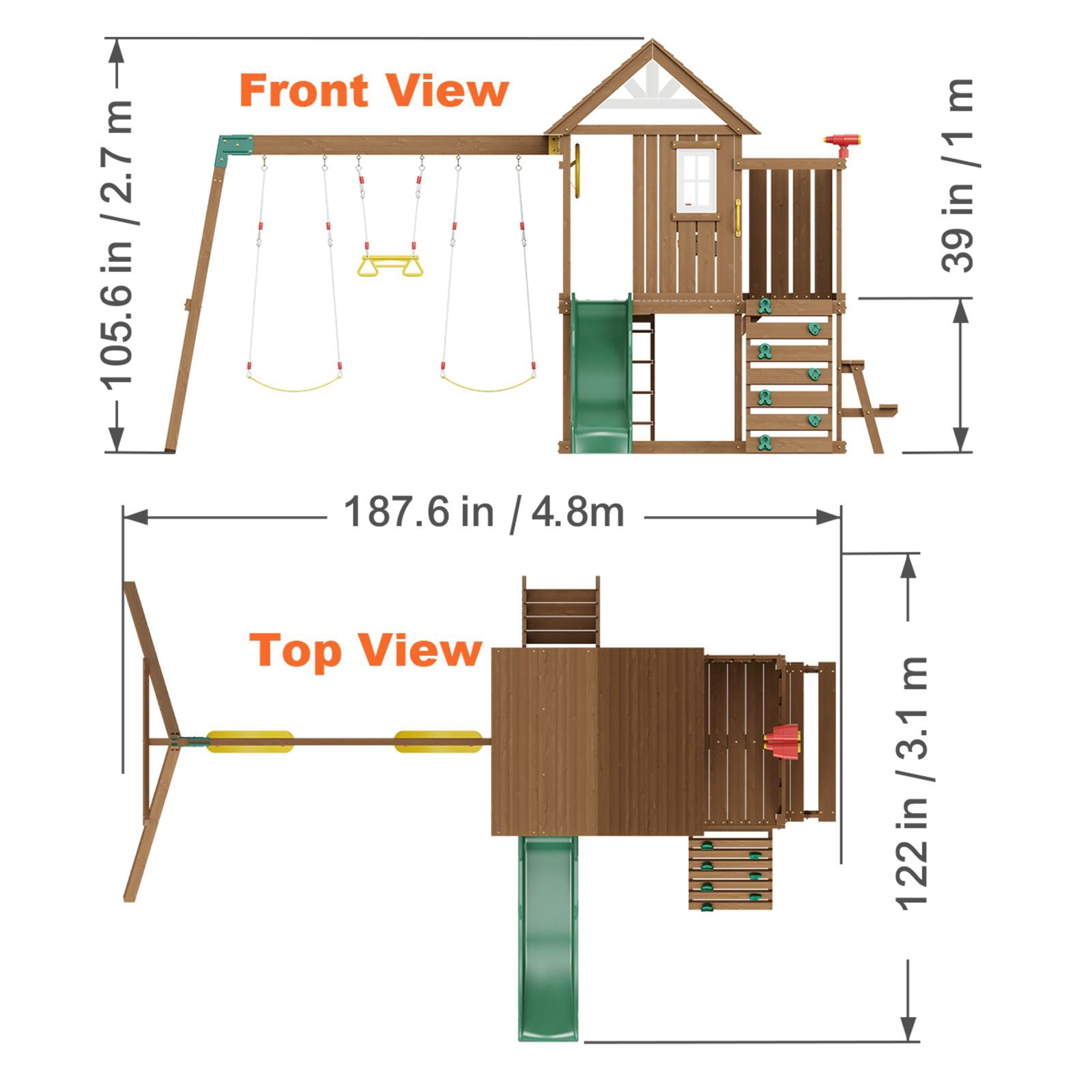 Wooden Swing Set, 9 IN 1 Outdoor Playground Sets for Backyards, 2 Swings, Trapeze Bar, 6 FT Slide, Large Upper Fort with Kitchen Toys, Flat Step Ladder, Rock Wall, Picnic Table, Sandbox