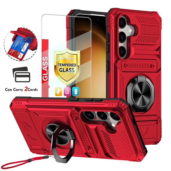 Kryonix for Samsung Galaxy S23 FE 6.4‘’ Case with Screen Protector and Strap,Finger Ring Holder Kickstand,Heavy Duty Shockproof Rugged Protective Case,Working with Magnetic Car Phone Mount,Red