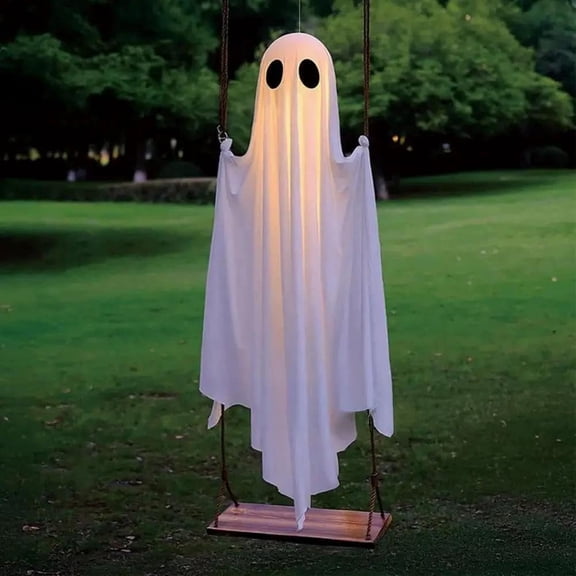 Halloween Swinging Ghost Decorations Outdoor, 5Ft Pre-Assembled Hanging Swing Ghost with Remote & String Lights, Cute Spooky Ghosts Decor for Front Porch Yard Tree