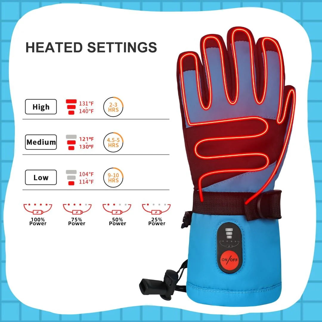 SNOWYES Kids Heated Ski Gloves, 3-Heat Settings, Rechargeable, Water Resistant, Windproof, Ideal for Skiing, Snowball Fights, Cycling