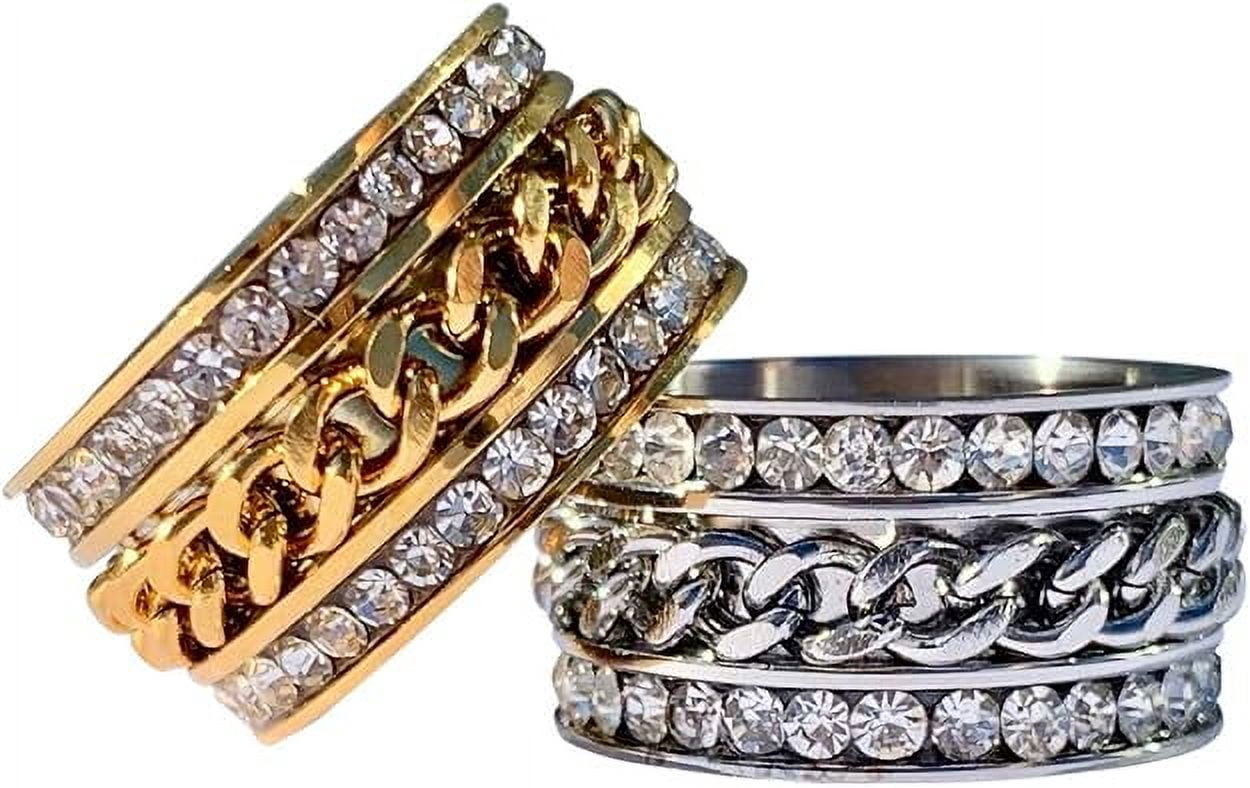 Stainless Steel~Cubic Zirconia CZ Band~CZ Chain Spinner~Clear Crystals~Fidget Ring~Women's Jewelry