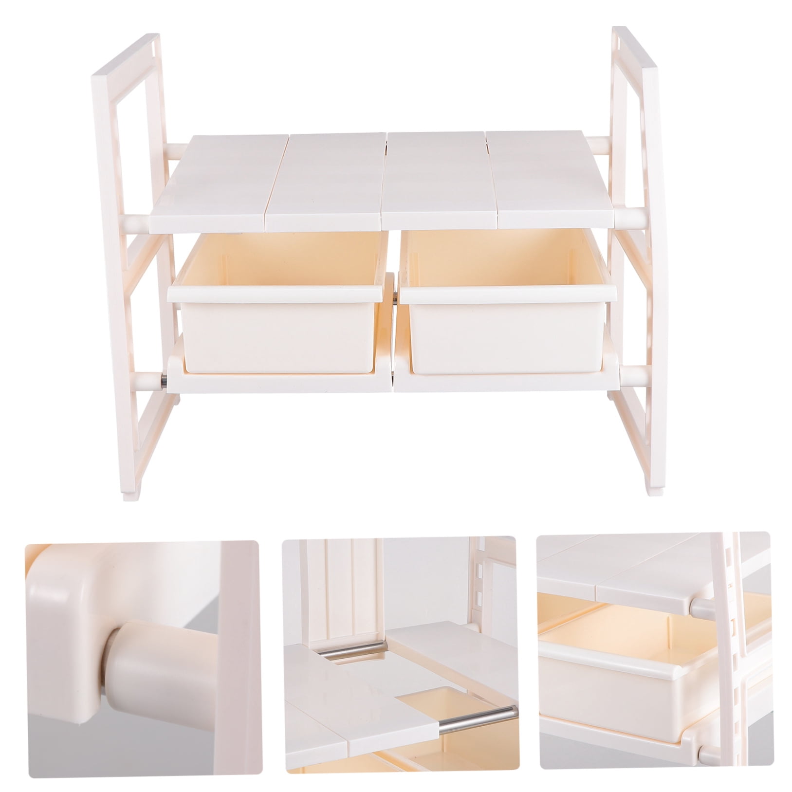 Raindrops White Plastic Under-Sink Cabinet Organizer with Adjustable Shelves, Dual Drawers, and Multi-Purpose Storage Solution