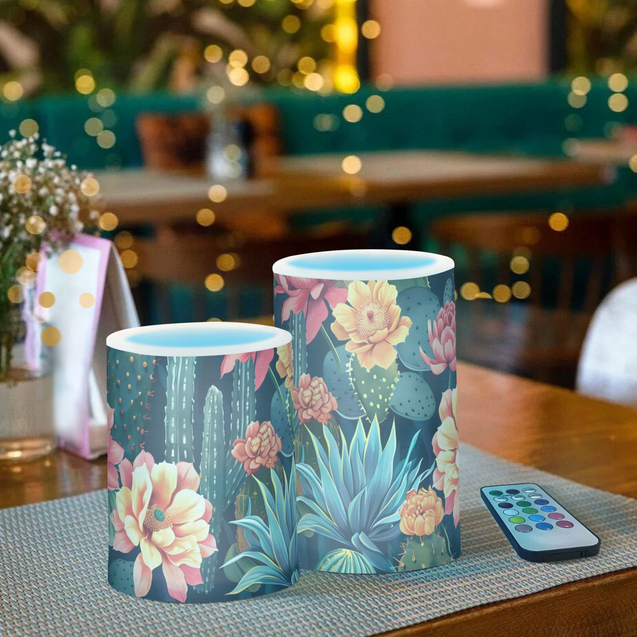 Cactus and Flower Flameless Candles with Remote Timer LED Battery Operated Flickering Candle Light for Festival Wedding Home Party