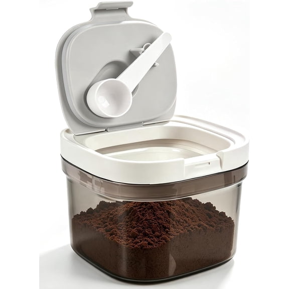Airtight Coffee Canister with Magnetic Spoon, 0.8L BPA-Free Plastic Coffee Container for 8oz Ground Coffee & Beans, Dual Seal Locking Lid, Dark Brown Pantry Storage Jar
