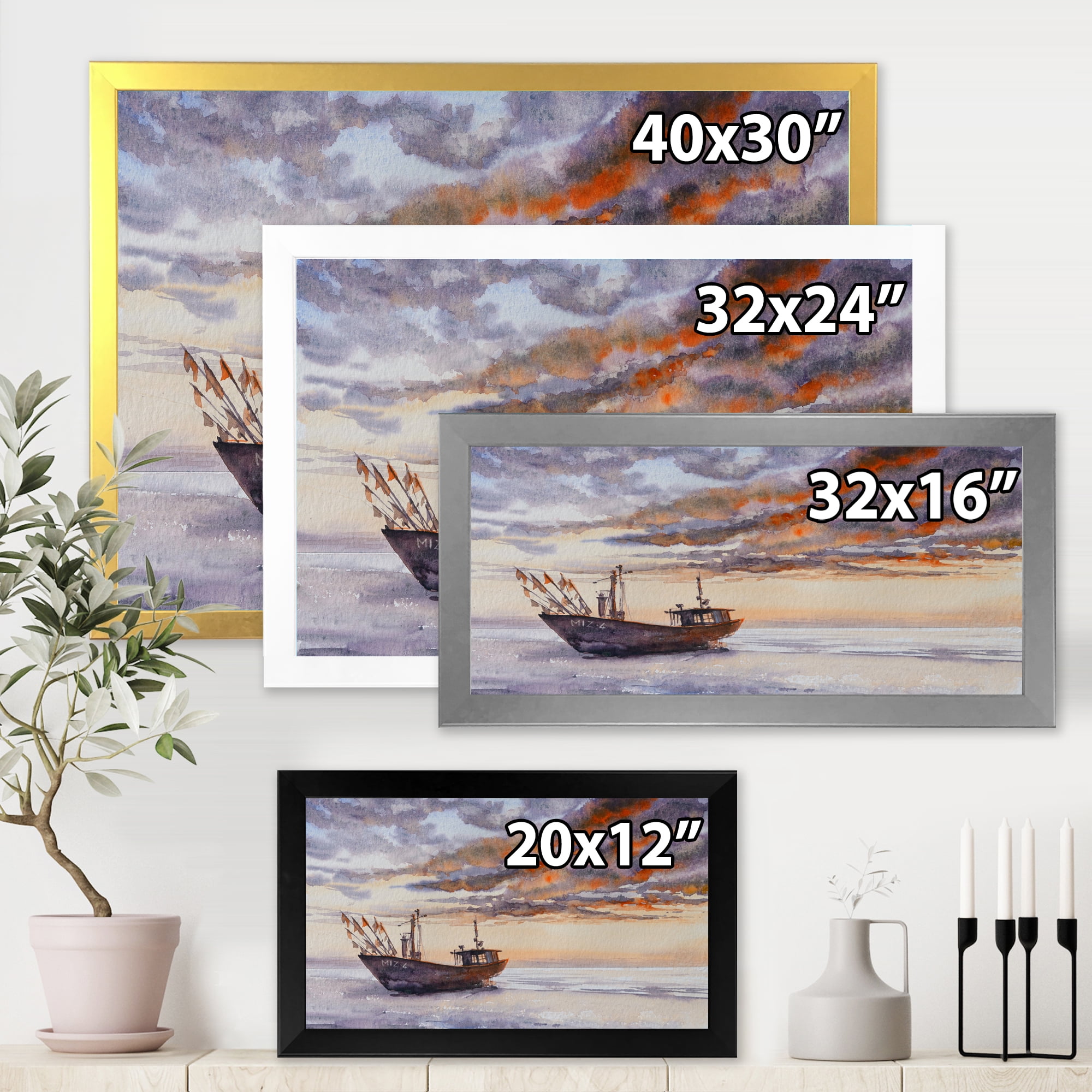 Designart 'Wooden Fishing Boat On The Baltic Shore With Evening Clouds' Nautical & Coastal Framed Art Print
