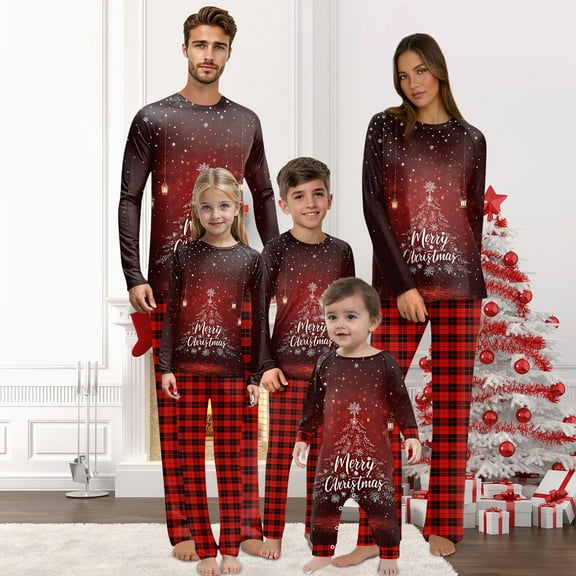 Onlypjs Matching Family Christmas Pajamas Set for Men, Women and Couples – "Merry Christmas" Tree Print Tops with Red Plaid Pants