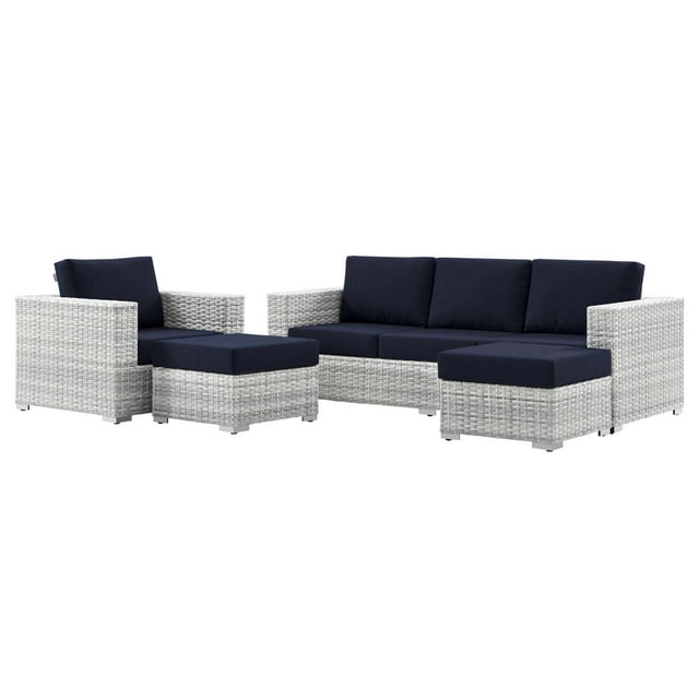 Lounge Sectional Sofa Chair Set, Rattan, Wicker, Light Grey Gray Blue Navy, Modern Contemporary Urban Design, Outdoor Patio Balcony Cafe Bistro Garden Furniture Hotel Hospitality