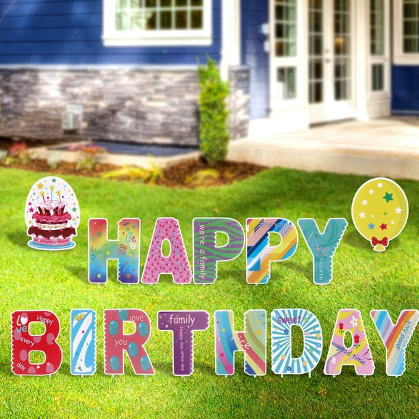 FiGoal Happy Birthday Yard Signs with Cute Letter Corrugated Yard Stake Signs