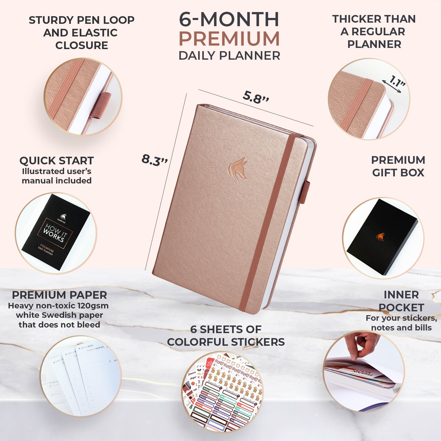 Clever Fox Planner Daily Premium Edition - Undated Luxurious Daily Planner with Hourly Schedule, Personal Organizer, Productivity & Goal Journal, Start Anytime, A5-sized, Lasts 6 Months - Rose Gold