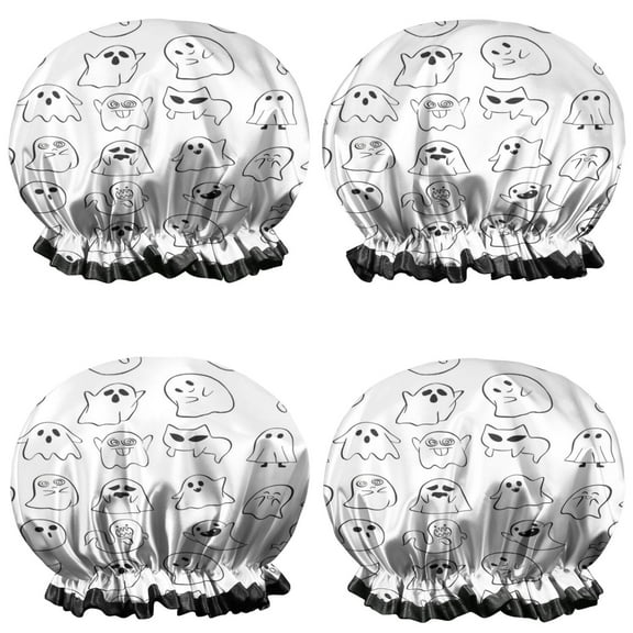 Shower Caps,Cute Halloween Ghosts Pattern Waterproof Shower Cap for Women 4 Pieces,Double Reusable Hair Cover for Shower PEVA Elastic Stretch Hem