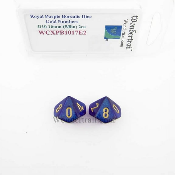 Royal Purple Borealis Dice with Gold Numbers D10 Aprox 16mm (5/8in) Pack of 2 Wondertrail