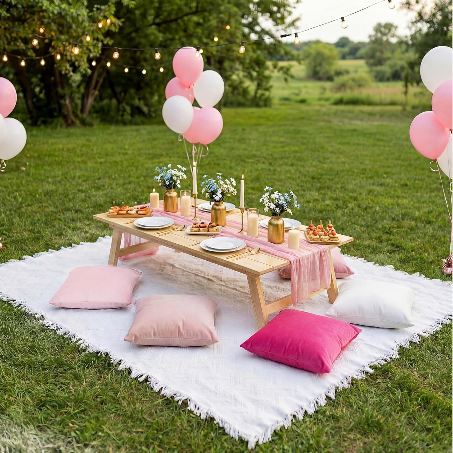 10 Pcs 71''x102'' Extra Large White Outdoor Boho Picnic Blanket with Pink Table Runner 8 Throw Pillow Cover Oversized Washable Portable Beach Blanket for Valentine Picnic Camp Lawn Wedding