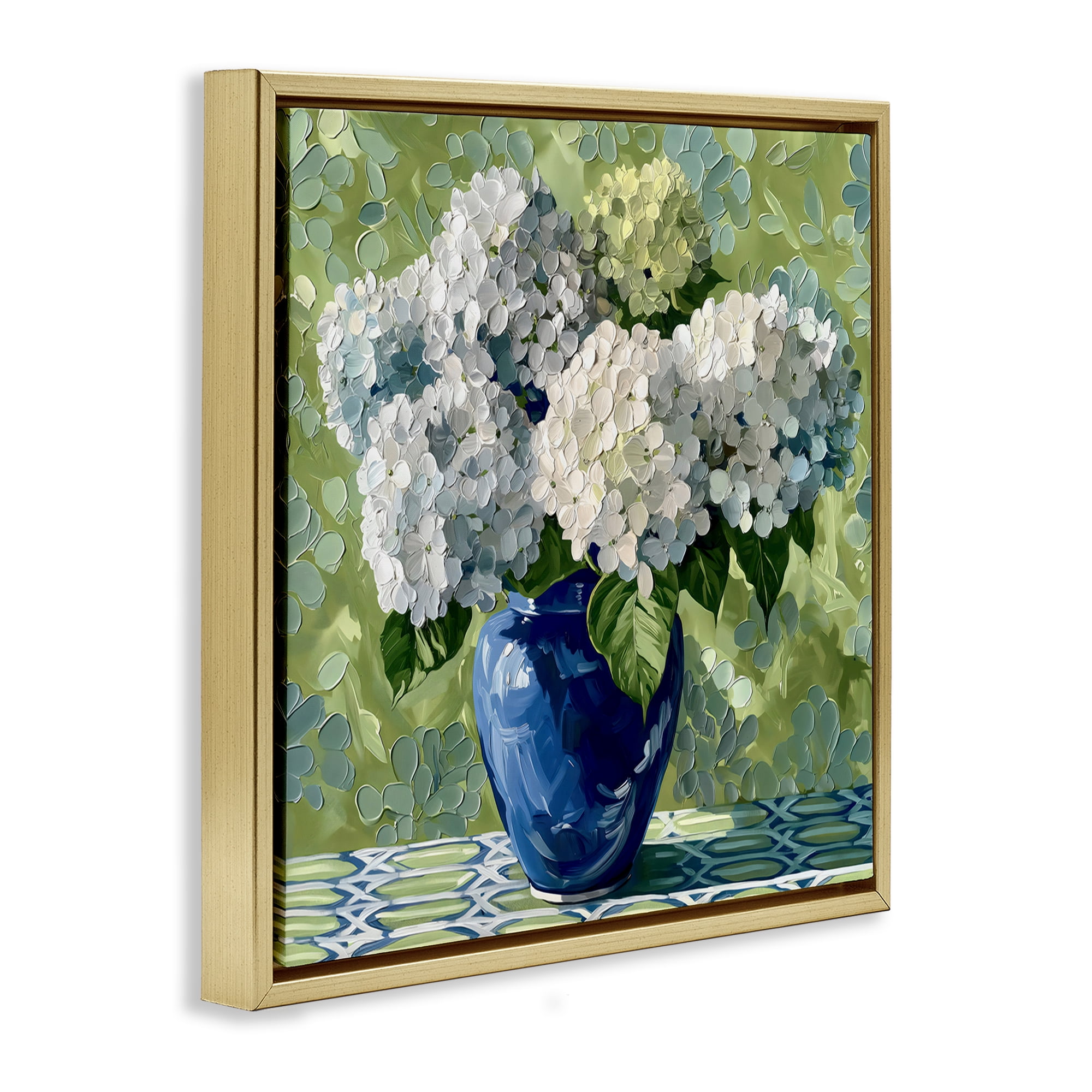 Stupell Industries White Hydrangeas in Blue Vase Gold Framed Floater Canvas Wall Art, design by Gina Kelly