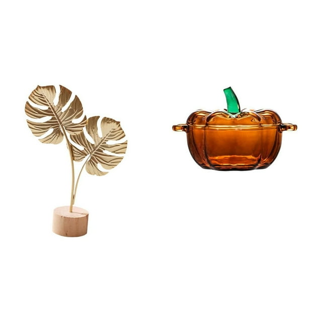 Escultura nórdica abstracta de hoja de metal y plato de dulces de cristal con forma de calabaza, adorno creativo para el hogar, decoración de mesa, fi