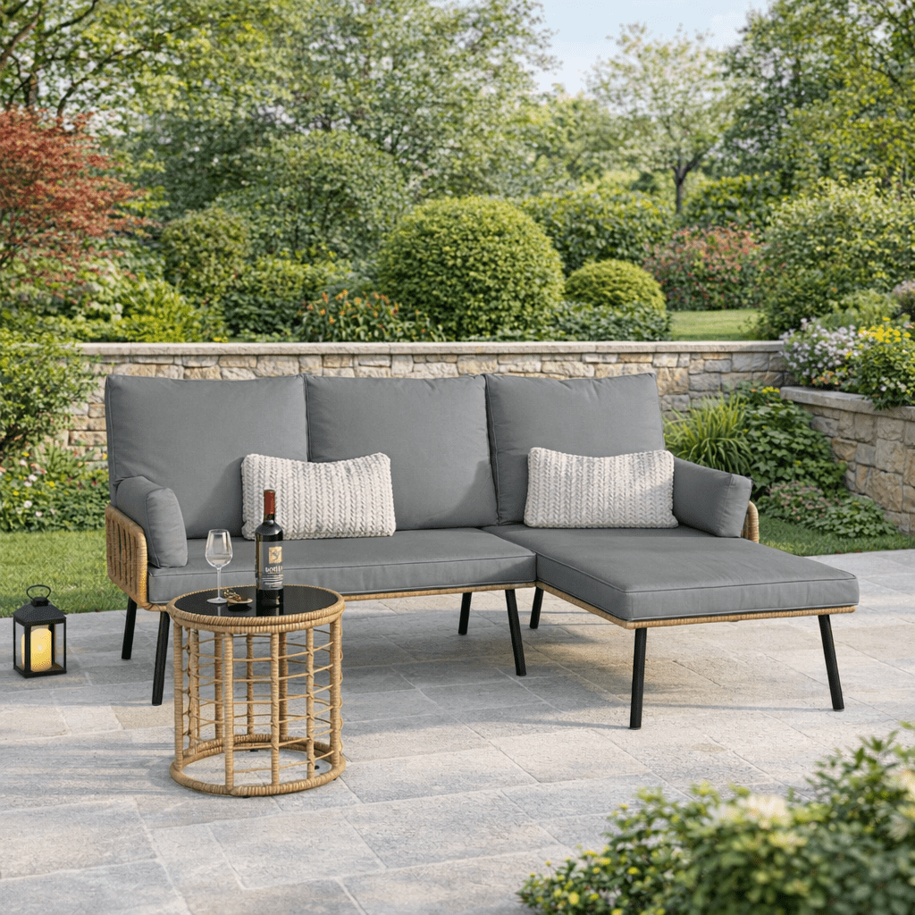 Aiho 3 Pieces Outdoor Patio Furniture Set, All weather PE Wicker L-shaped Outdoor Sectional Sofa with Tea Table & Soft Cushions, Perfect for Patio, Poolside, Gray