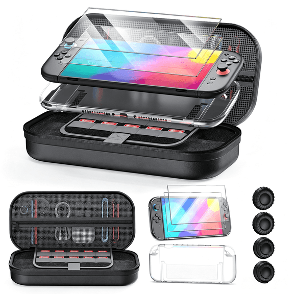 For Hard Shell Carrying Case Compatible with Nintendo Switch 2, Travel Storage Bundle with Clear Protective Cover, 9H Tempered Glass Screen Protector and 4 Thumb Grips for Game Console Accessories