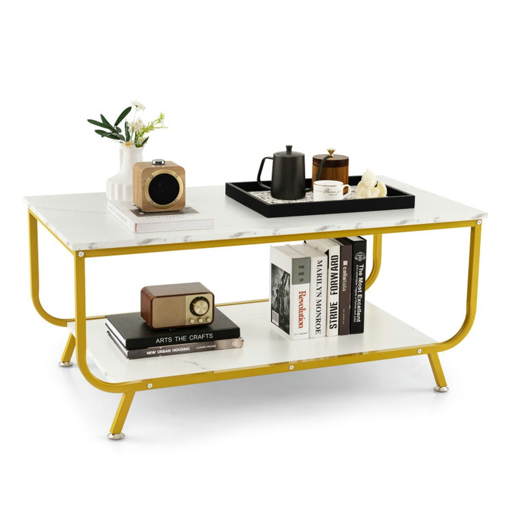 Finihen Coffee Table, Faux Marble Coffee Table, 2-Tier Faux Marble Top Rectangular Coffee Table with Metal Frame, for Living Room, Reception Room, White Finihen Coffee Table, Faux Marble Coffee Table, 2-Tier Faux Marble Top Rectangular Coffee Table with Metal Frame, for Living Room, Reception Room, White