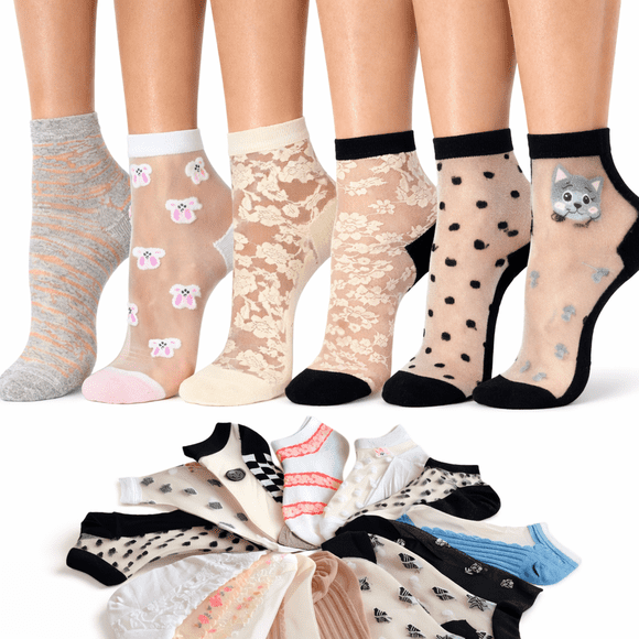 Calcetines Transparentes Tobilleros Estampado Dama Algodón SET 10 Pares BEIHAOMP Calcetines Tobillero Dama