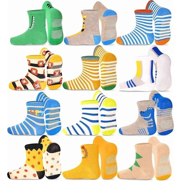 GENTABY Toddler Non Slip Socks- 12 Pairs Anti Skid Kids Cute Crew Grips Sock for 1-7 Years Boys Girls Children