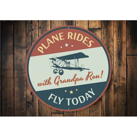 Plane Rides Fly Today Hangar Novelty Sign, Metal Wall Decor - 12" Round