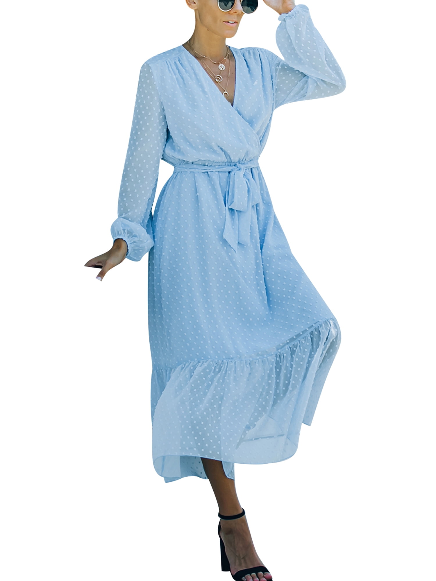 Hopiumy Women Dress Wrap V Neck Long Sleeve High Waist Fall Casual Flowy Swing Maxi Dresses with Belt, Women's, Size: Medium, Blue