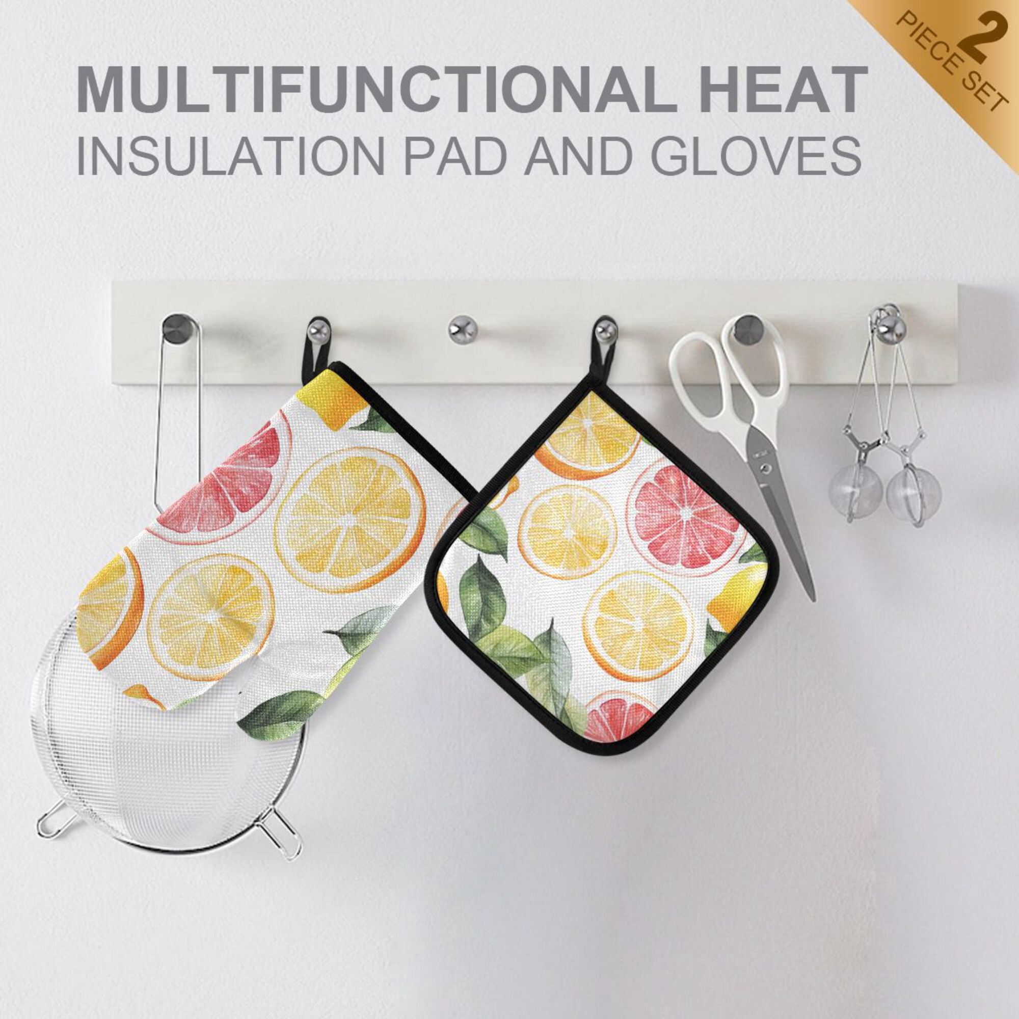 Yayeee Oven Mitts and Pot Holder Set of 4 Heat Resistant Kitchen Gloves Baking Hot Pad, Grapefruit Slices