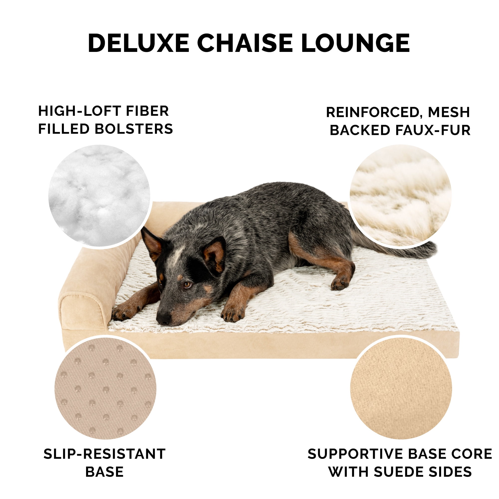 FurHaven Embossed Faux Fur & Suede Orthopedic Deluxe L-Chaise Pet Bed for Dogs & Cats - Taupe, Large