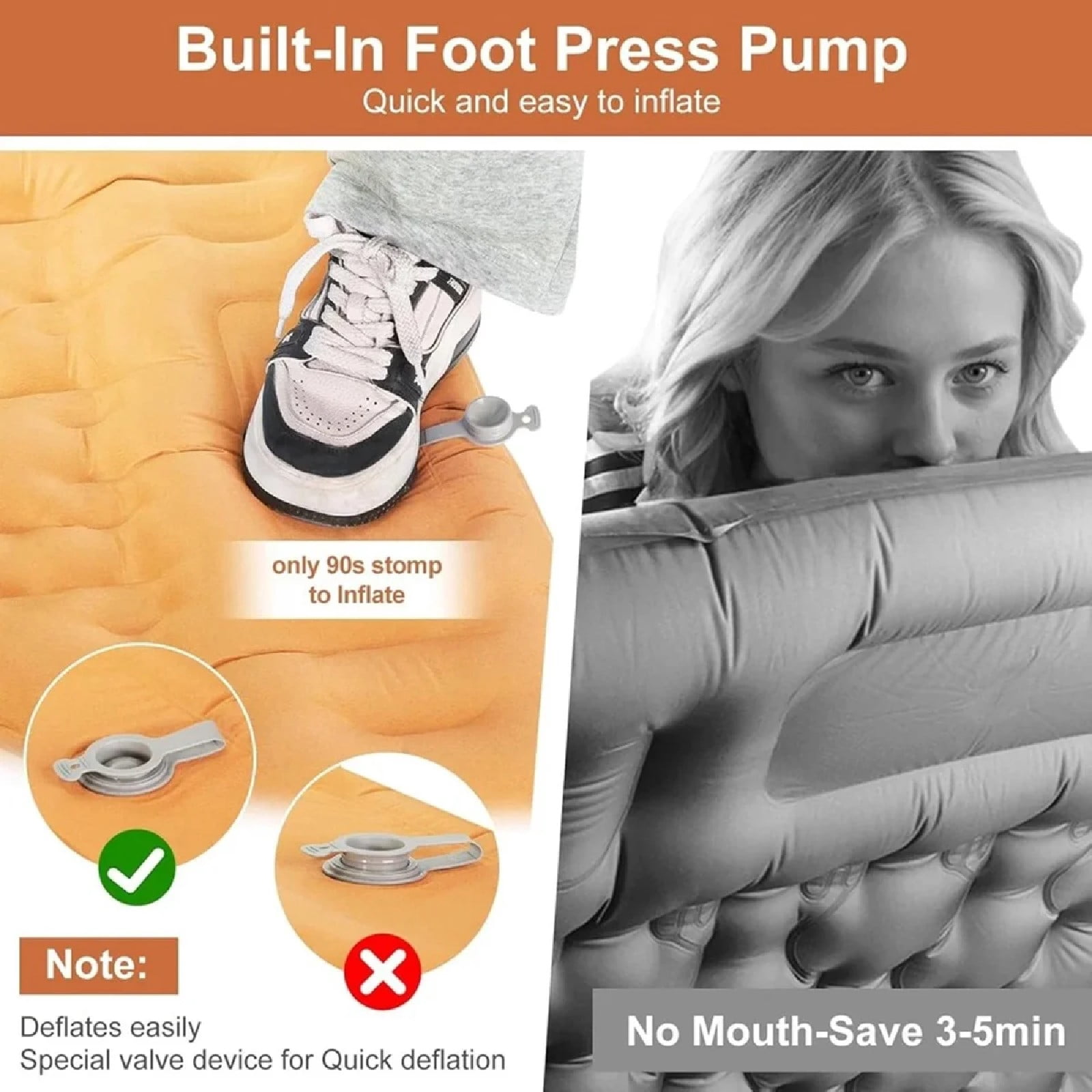 JOVELL Inflatable Sleeping Pad with Built-in Foot Pump & Pillow, 4.7" Thick Waterproof Camping Air Mattress, Self Inflating Sleep Pad for Backpacking, Hiking, Tent, Orange
