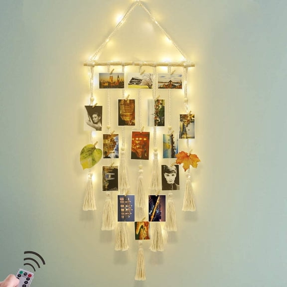 Hanging Photo Display Wall Decor, Macrame Wall Hanging Boho Room Bedroom Decor, Picture Frame Collage Board with Light 30 Clip, Christmas Teenage Teen Girl Gifts Ages 10 11 12 13 14 Years Old