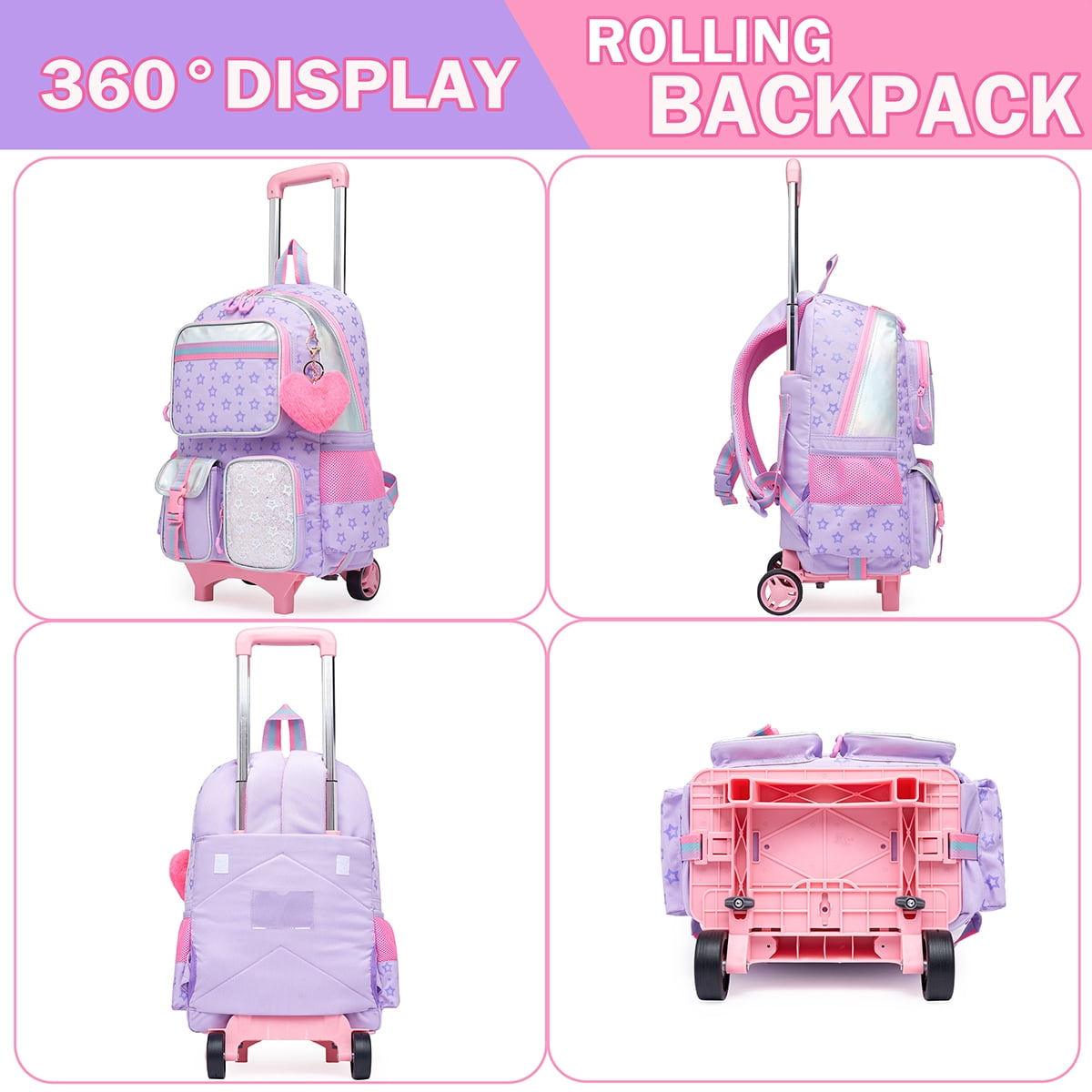 Kids Rolling Backpacks for Girls with Wheels Roller Backpack with Lunch Bag Pencil Case for Elementary Students Bookbag for 6-12 Years Old