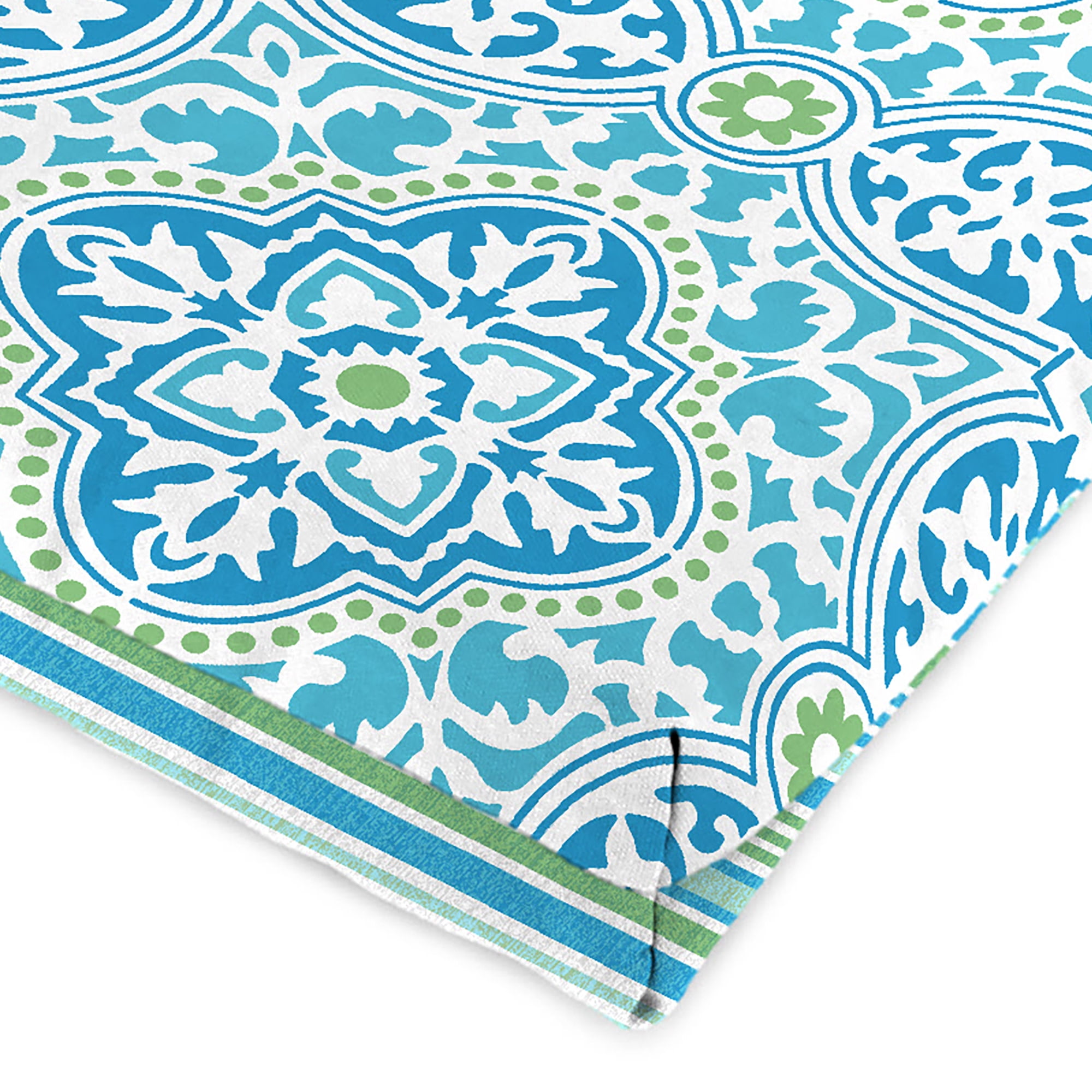 Jordan Manufacturing 44" x 22" Rave Turquoise Quatrefoil and Ferb Turquoise and Green Stripe Reversible Rectangular Outdoor Chair Cushion with Ties and Hanger Loop